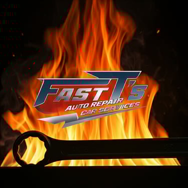 Fast T's Auto Repair & Car Services above a wrench in front of some flames