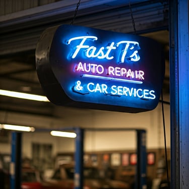 Neon sign hanging in auto repair shop say Fast T's Auto Repair & Car Services 