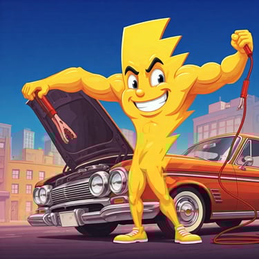 lightning bolt MSN jump starting a car battery in a parking lot