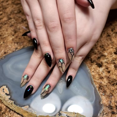 Black and stained glass acrylic nail art by Alex