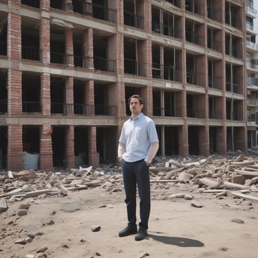 A man standing in front of the structural repair of his apartment complex