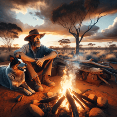 An Australian bushman with his faithful blue heeler sit by the fireside at sunset