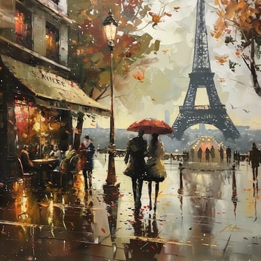 Watercolour painting Paris scene, couple in rain with umbrella, Eiffel Tower