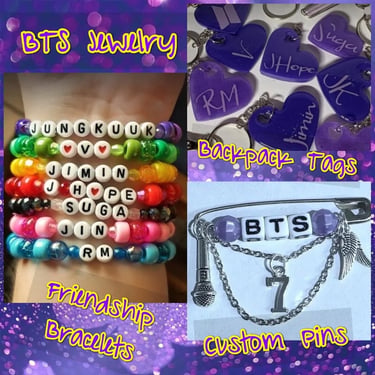 Handmade BTS jewelry collection featuring colorful friendship bracelets, purple heart backpack tags, and custom K-pop pins.