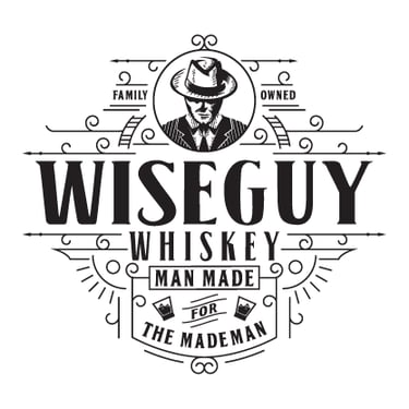 Vintage whiskey label logo with a portrait of a gangster man in a hat.