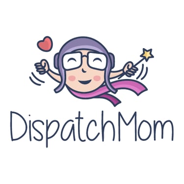 A funny logo of a flying sorceress mother, wand in hand and wearing a pilot's helmet. For the childr