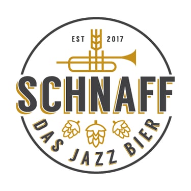 Logo emblem for a brewery. Trumpet and hop flower.