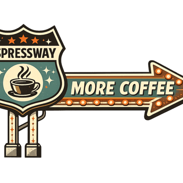 Vintage retro coffee shop sign with Espressway text and a glowing arrow pointing to more coffee.