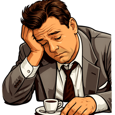 Tired businessman in a grey suit looking exhausted over a small cup of espresso coffee.