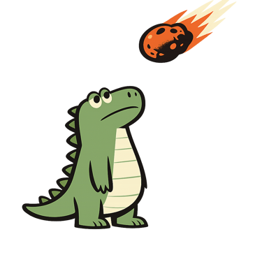 Cute cartoon green dinosaur looking up at a falling orange meteor on a black background.