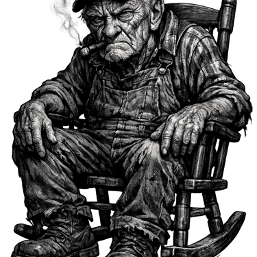 Black and white sketch of a grumpy old man in overalls smoking a cigar in a rocking chair.