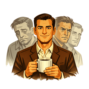 Illustration of a smiling businessman holding coffee with shadows of sad and angry emotions behind him.