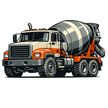 Illustration of a heavy-duty orange and white cement mixer truck for construction projects.