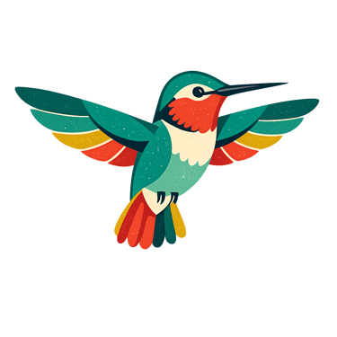 Vintage-style colorful hummingbird illustration with green, red, and yellow wings on a black background.