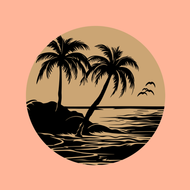 Tropical beach illustration with palm trees, ocean waves, and flying birds in a circle.