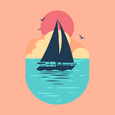 Flat vector illustration of a sailboat silhouette on calm water with a sunset and seagulls.