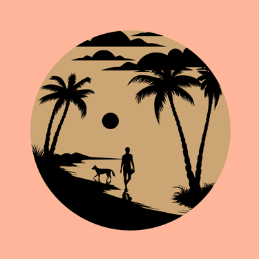 Silhouette of a person and dog walking on a tropical beach with palm trees at sunset.