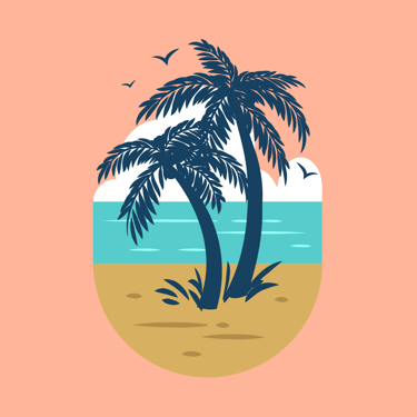 Tropical beach illustration with silhouette palm trees, ocean waves, and seagulls on a peach background.