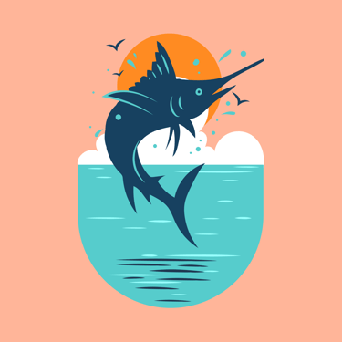 Minimalist marlin fish illustration jumping from blue ocean water against a sunset background.