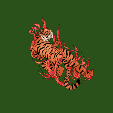 Japanese style tiger illustration with red flames on a dark green background.