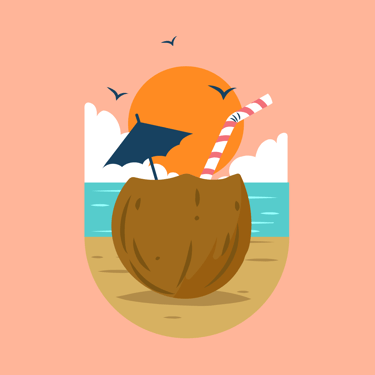 Tropical coconut drink illustration on a sunny beach with a sunset and ocean background.