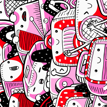 A colorful hand-drawn doodle pattern featuring cute red and pink cartoon characters in a fun art style.