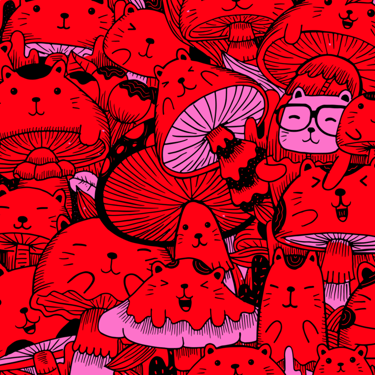Cute red and pink doodle pattern featuring cartoon cats and whimsical mushrooms in a vibrant kawaii style.