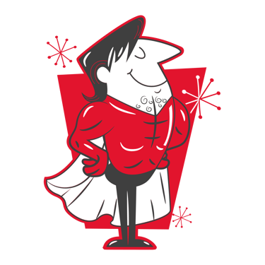 Retro cartoon of a muscular superhero wearing a red suit and white cape on a mid-century background.
