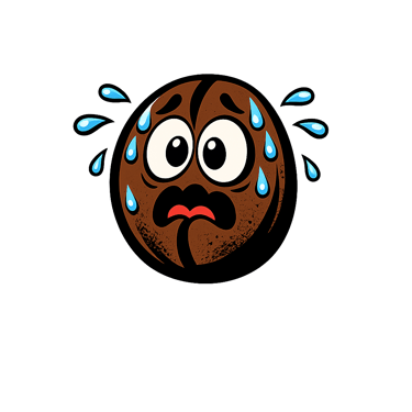 A sweating cartoon coffee bean character with a nervous facial expression on a black background.