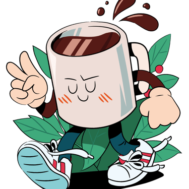 Retro cartoon coffee cup character walking in sneakers with a peace sign and green leaves.