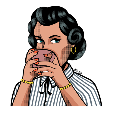 Vintage pop art illustration of a woman with black hair drinking coffee from a pink mug.