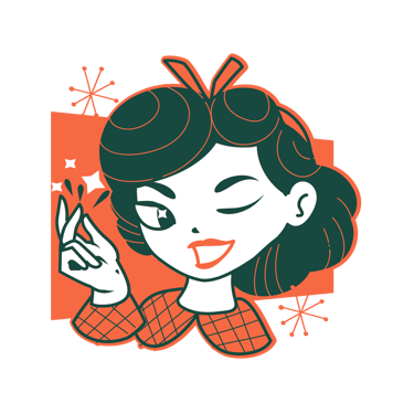 Retro 1950s rockabilly style illustration of a winking girl snapping her fingers.