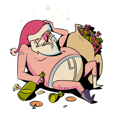 Funny cartoon of a messy, shirtless Santa Claus relaxing with wine and cookies after Christmas.