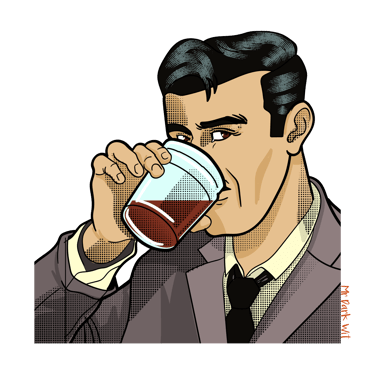 Pop art illustration of a man in a suit drinking coffee from a clear cup in a retro comic style.