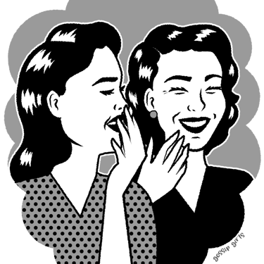 Retro pop art illustration of two vintage women whispering gossip and laughing together.