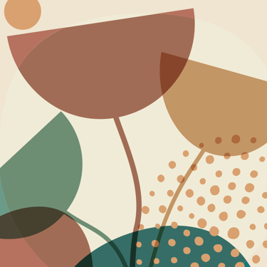 Abstract mid-century modern botanical art featuring geometric floral shapes and earth-tone circles.