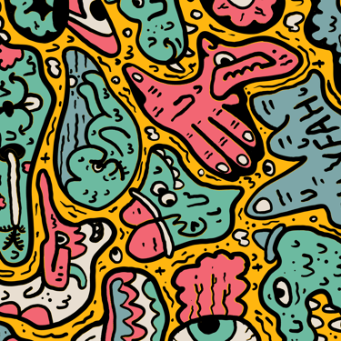 Colorful street art doodle background with abstract cartoon monsters and vibrant pop art characters.
