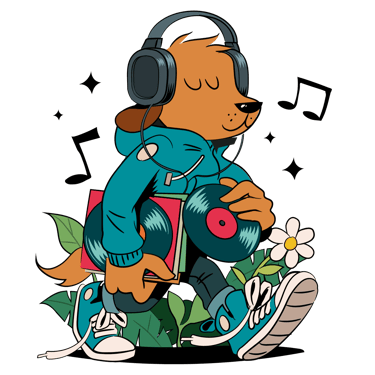 Cool cartoon dog wearing headphones and a hoodie carrying vinyl records with music notes.