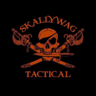 Skallywag Tactical logo featuring a skull with crossed knives and pirate swords in orange on black background. Veteran-owned 