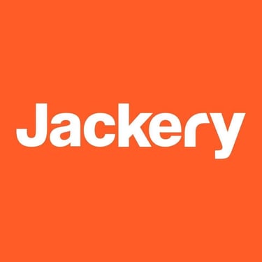 Jackery logo in white text on orange background. Portable power and solar generator brand known for off-grid energy solutions