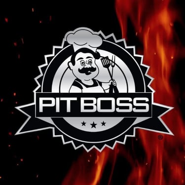 Pit Boss Grills logo featuring cartoon chef holding grilling tools over flames. BBQ smoker and outdoor cooking brand.