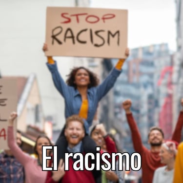 A protest with a woman holding a banner which says "Stop Racism"