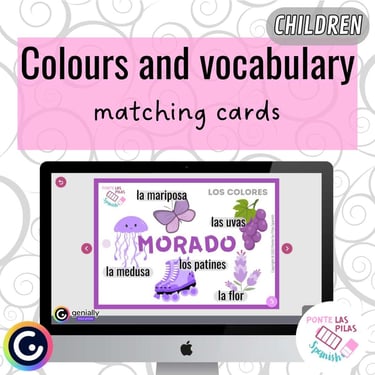 learning the colours in Spanish with a purple card that shows vocabulary