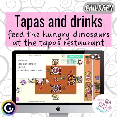 Learning tapas vocabulary with the dinosaurs Spanish interactive game for children