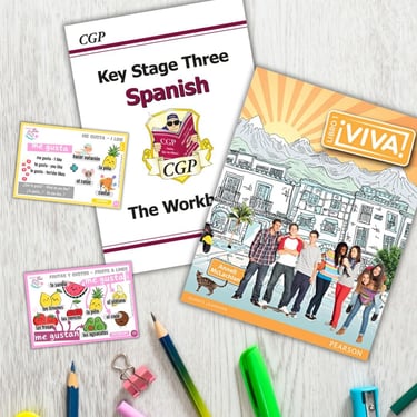 A picture of Spanish books for KS3 and flashcards