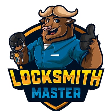 Cartoon bull mascot holding keys with thumbs up, logo design for Locksmith Master.