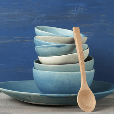 Premium and classic turquoise blue ceramic cups and wood spoon by art of kitchen