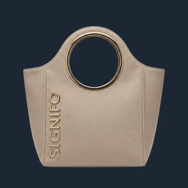 Tas tote SIGNIFO Archway warna khaki, desain arsitektural dengan handle cutout berbentuk lengkungan.