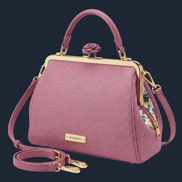Tas satchel berwarna rose pink dengan gagang atas dan kuncian berbentuk mawar emas.