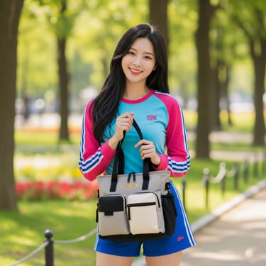 Model SIGNIGIRL dengan totebag dari kain kanvas polyester SIGNIFO tema Sahara Desert.